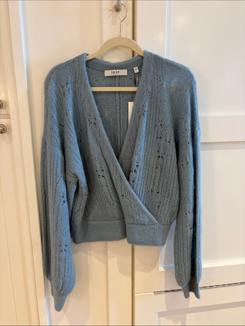 Joie Light Blue Openwork Wrap V-Neck Sweater